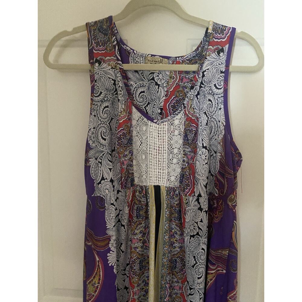 Women's One World Maxi Multi Color Maxi Boho Dress Crochet Inset Bodice Size L